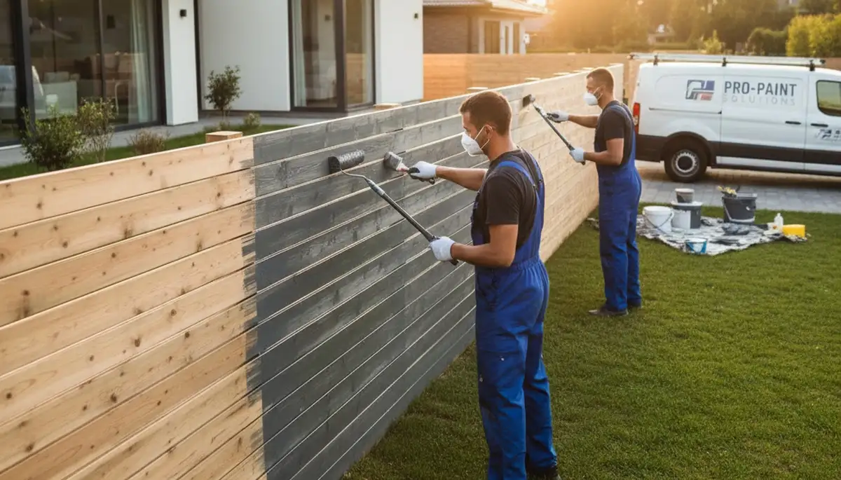 Fence painters applying protective coating to a wooden fence in Santa Rosa, CA